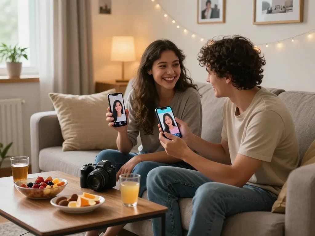 Couple enjoying a virtual date with their AI girlfriends, showcasing modern digital romance.