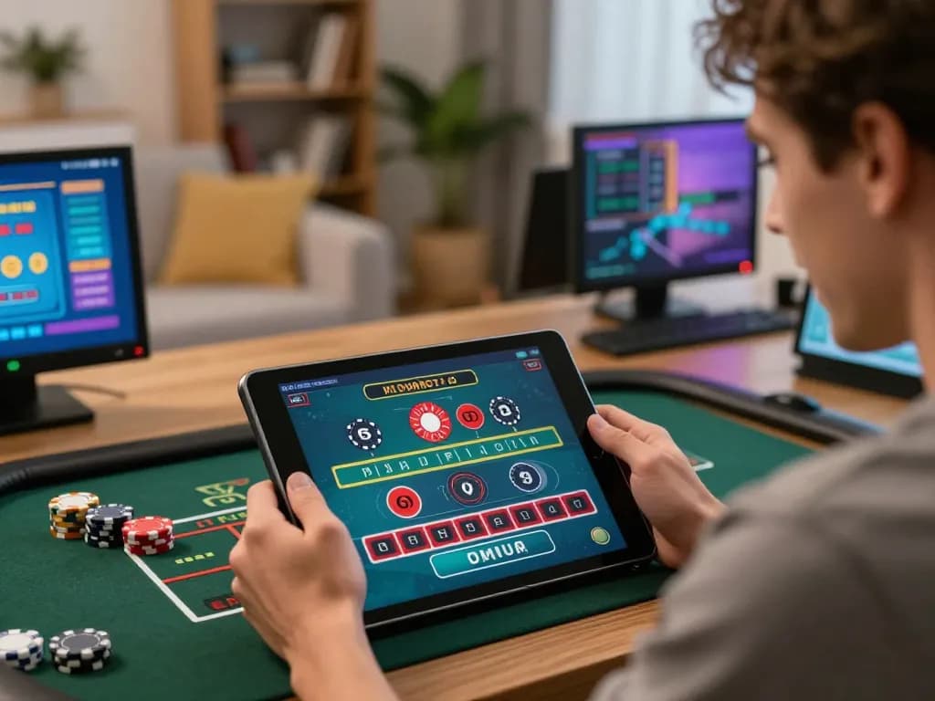 Engaging moment of a user playing online roulette on 98win tablet, vibrant home atmosphere