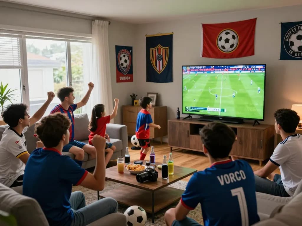 Lương Sơn TV fans cheering for their teams in an exciting living room environment during a live football match.