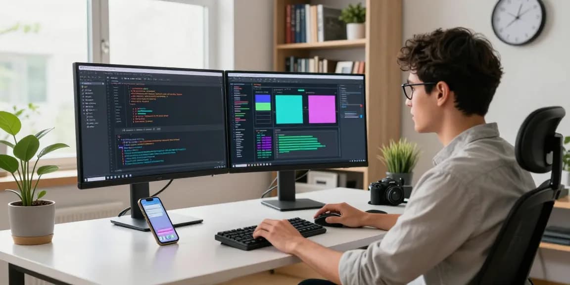 Download Telegram in a modern tech workspace featuring a developer coding on dual monitors.