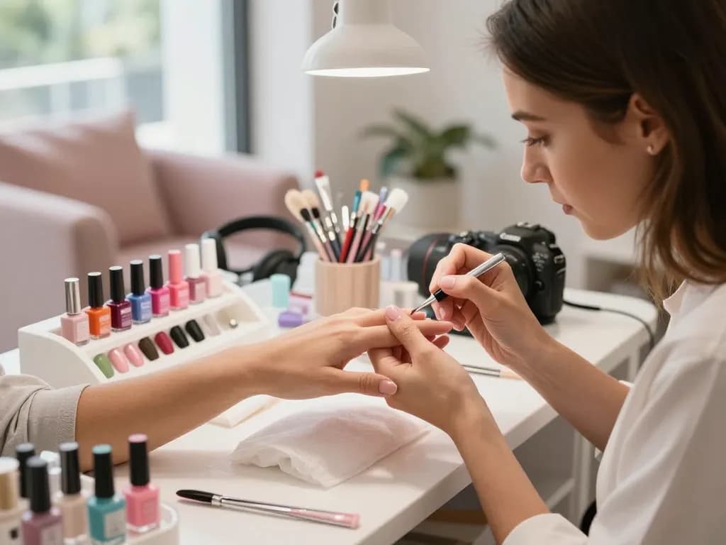 Professional nail technician applying vibrant nails gel polish in a hygienic, elegant salon environment.