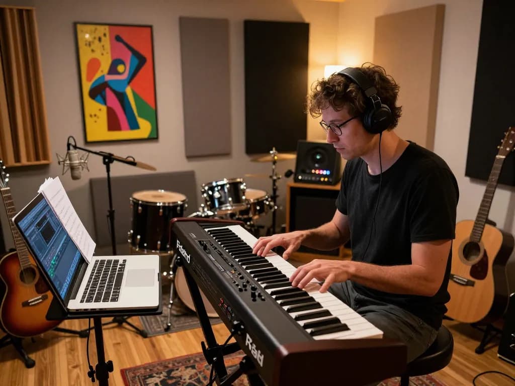 Musician playing the VK88 organ in a vibrant home studio, surrounded by instruments and creative decor.