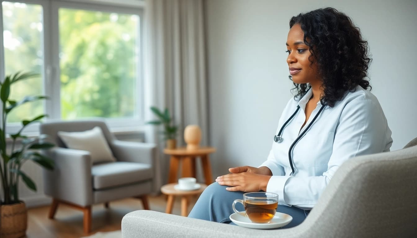 Therapist helping client cope with stress and anxiety in a calming environment.