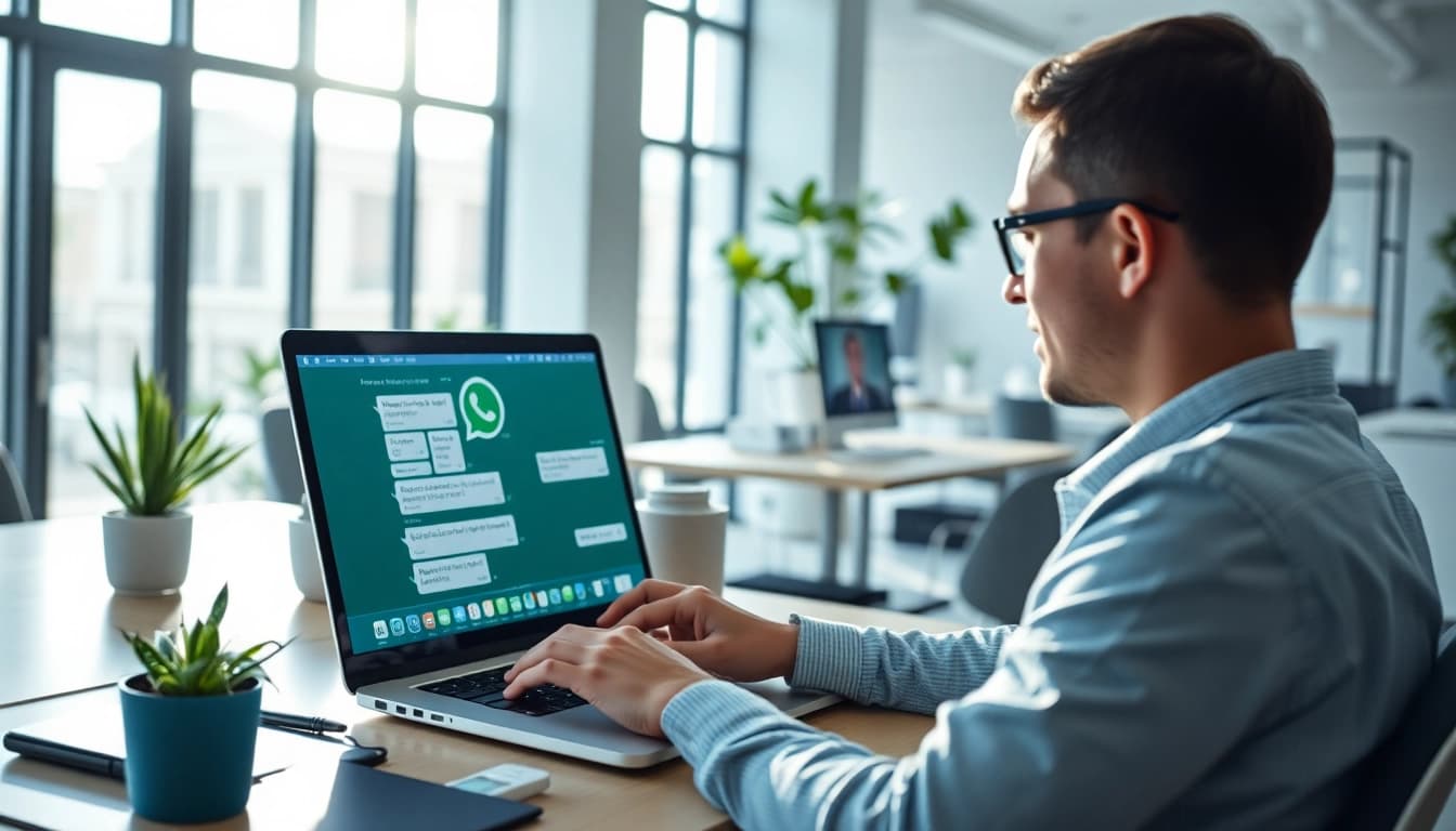 Experience WhatsApp网页版 communication on a modern laptop in a bright office setting.