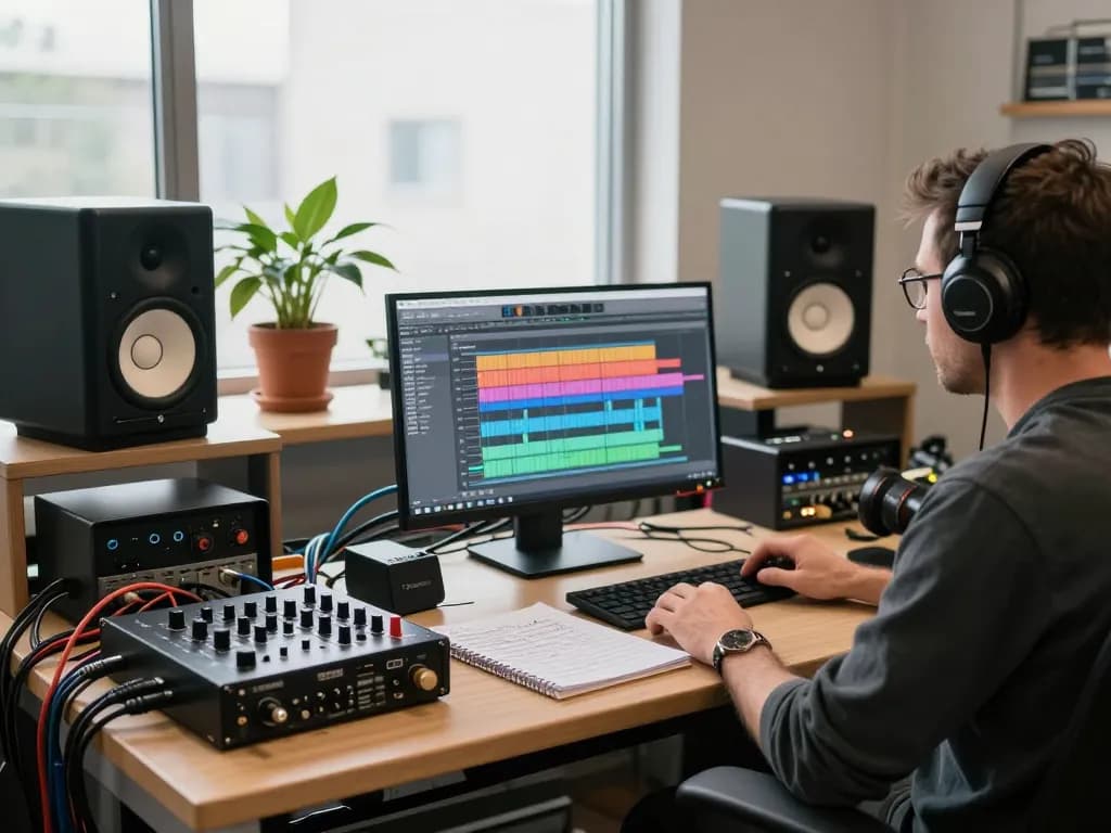 Audio engineer working on the DA88 multitrack recorder in a bright studio.