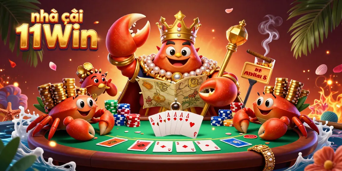 Engage in gaming excitement at Nhà cái 11Win with a vibrant poker scene featuring a crab emperor and rich casino elements.
