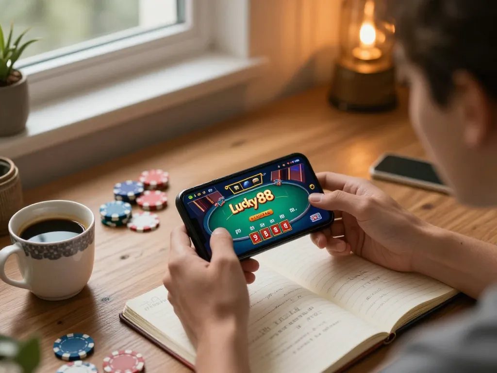 Player enjoying an exciting online lucky88 poker game on smartphone, surrounded by strategic notes and vibrant graphics.