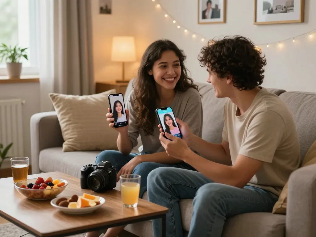 Couple enjoying a virtual date with their AI girlfriends, showcasing modern digital romance.