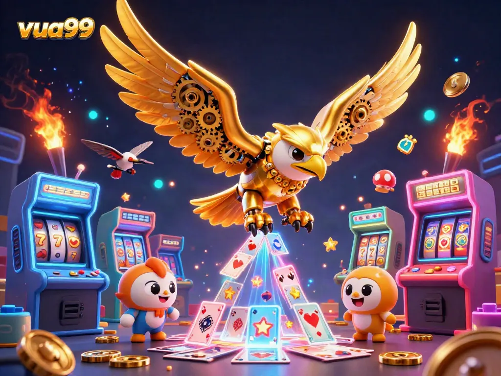 vua99 showcases an exhilarating 3D scene of a golden eagle amidst holographic playing cards, symbolizing thrilling gaming adventures.