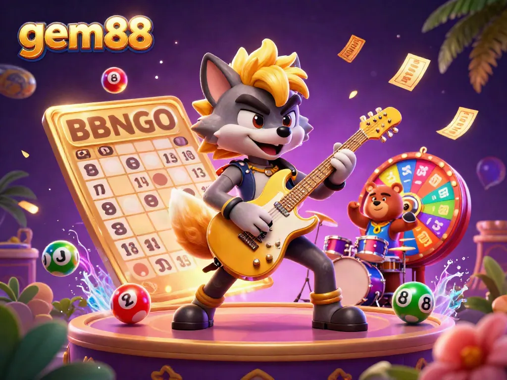 Experience the thrill of gem88 with a lively 3D rock star wolf playing guitar and energetic bear drummer in a vibrant casino scene.