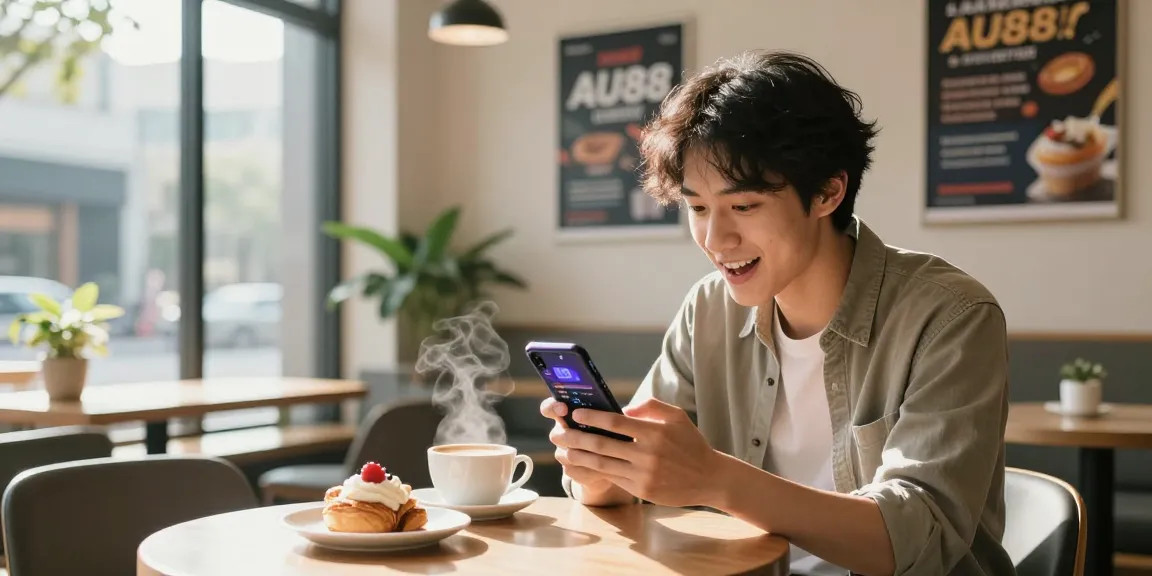 Engaging scene of a person using tải au88 app in a cozy café, highlighting modern betting.