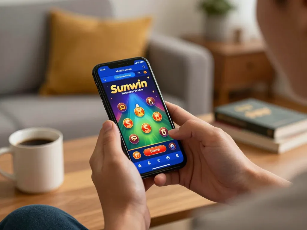 Player enjoying Sunwin mobile gameplay at home, showcasing casual gaming atmosphere.
