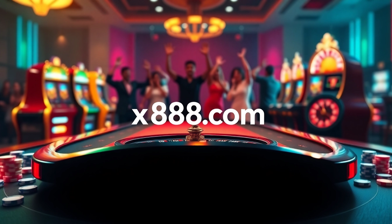 Experience top-tier gaming with xx88 com's vibrant casino atmosphere featuring poker tables and slot machines.