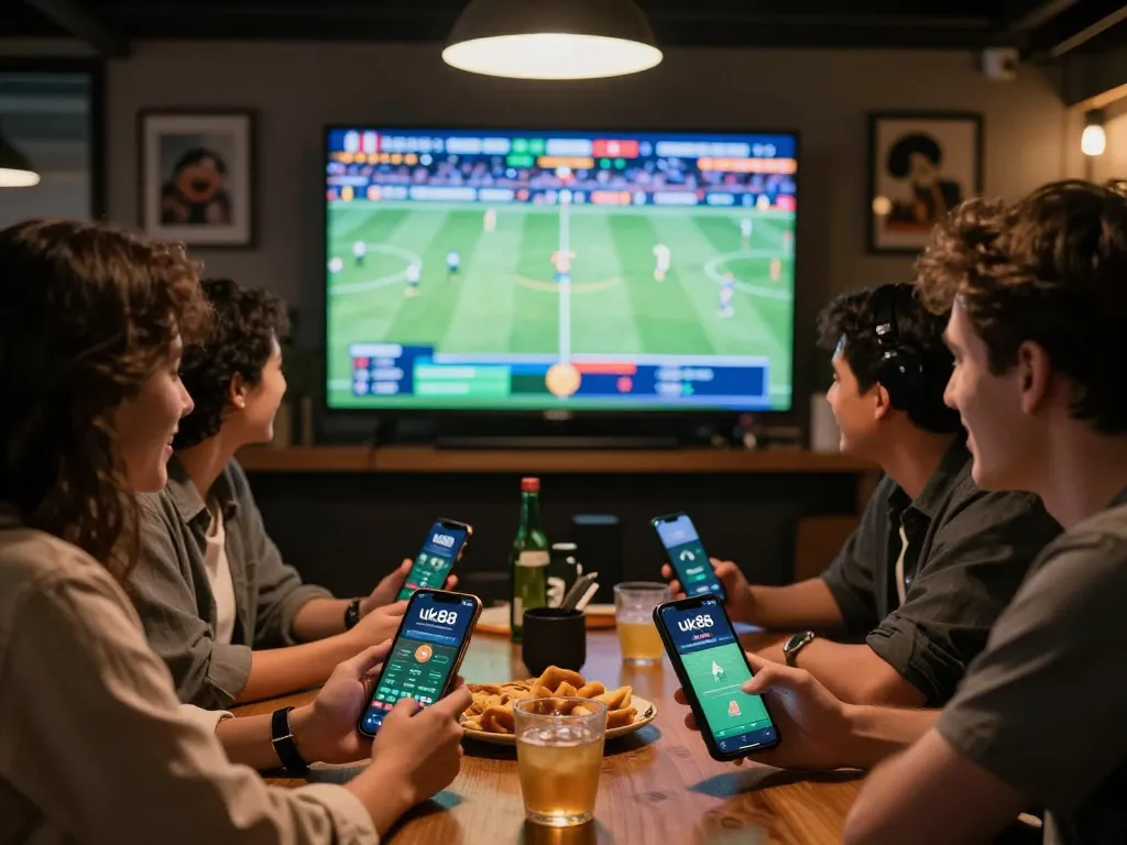 Friends engaging in sports betting via uk88 app while watching live games.