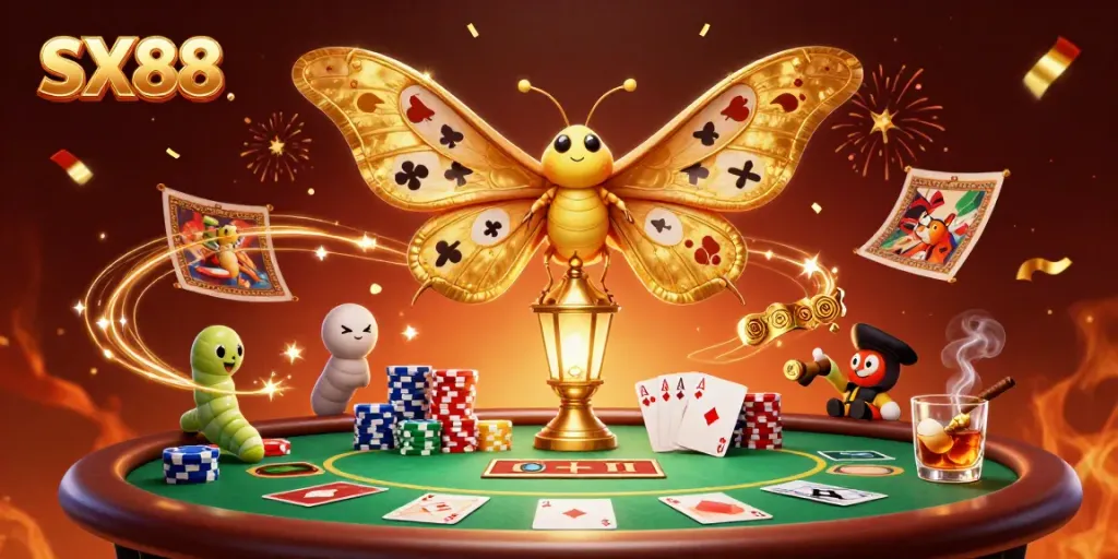 SX88 showcases an enchanting casino scene with vibrant colors, featuring a majestic moth and a table full of poker elements.