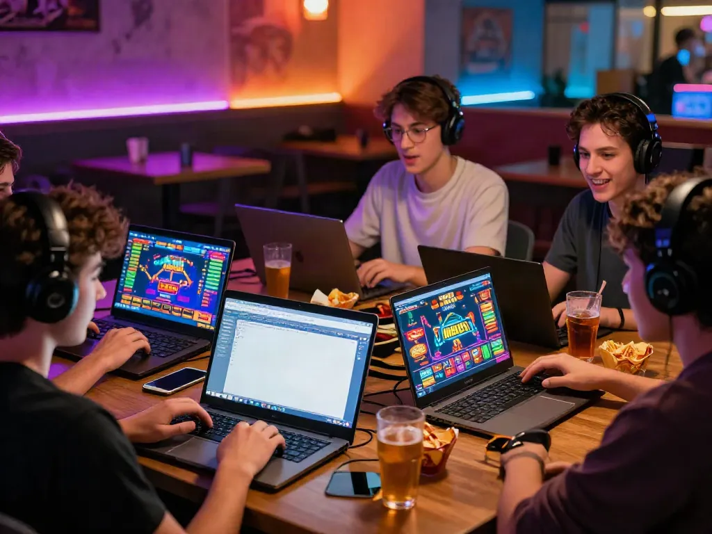 Players enjoying online casino games at https://man88pro.com/ in a lively gaming lounge.