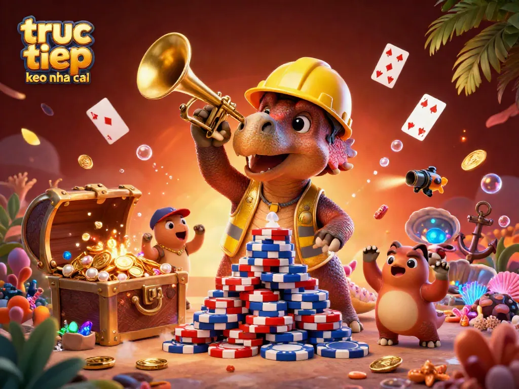 Experience truc tiep keo nha cai excitement with a vibrant 3D scene of cartoon dinosaurs celebrating amidst casino elements.