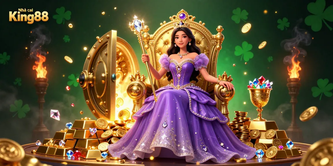 Experience the vibrant atmosphere of Nhà cái King88 with golden treasures and a royal princess in a dynamic casino scene.