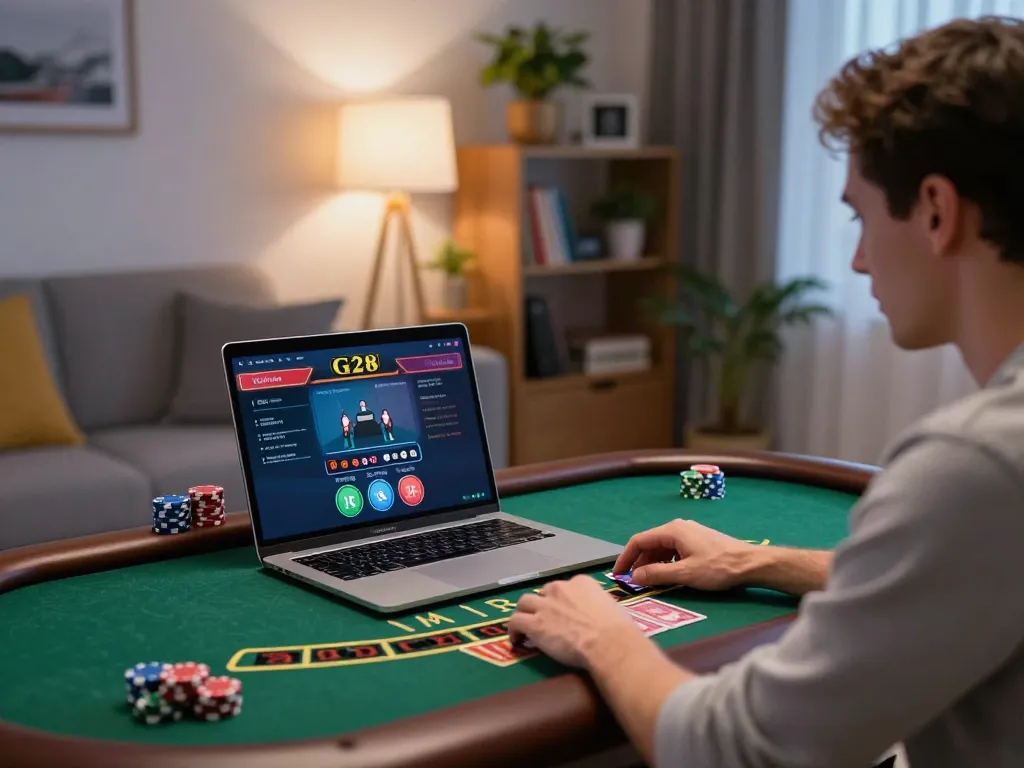 G28 player strategizing during an online baccarat game with vivid graphics in a cozy setting.
