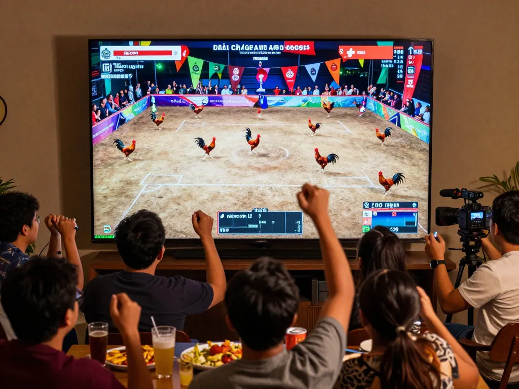 Watch đá gà trực tiếp in an engaging live viewing party atmosphere, fans celebrating the excitement.