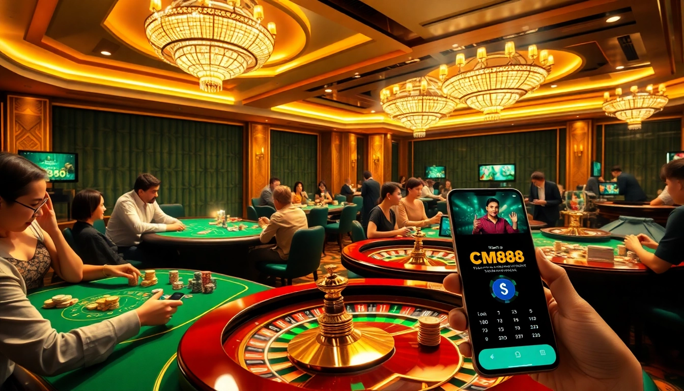 Experience the thrill of CM88 tải app in a bustling casino scene filled with energy and excitement.