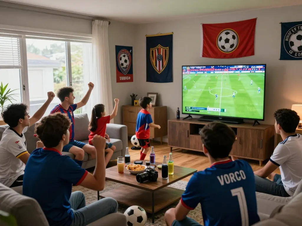 Lương Sơn TV fans cheering for their teams in an exciting living room environment during a live football match.
