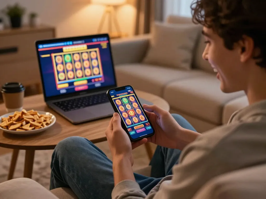 Player enjoying joyful slot win on smartphone in their cozy living room, emphasizing 5679 gaming excitement.
