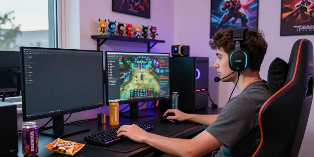 Gamer intensely focused on ROKOK88 gameplay, showcasing vibrant gaming studio.