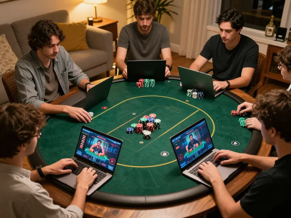 Players engaging in an online poker game at home on the MM88 platform, showcasing strategy and excitement.