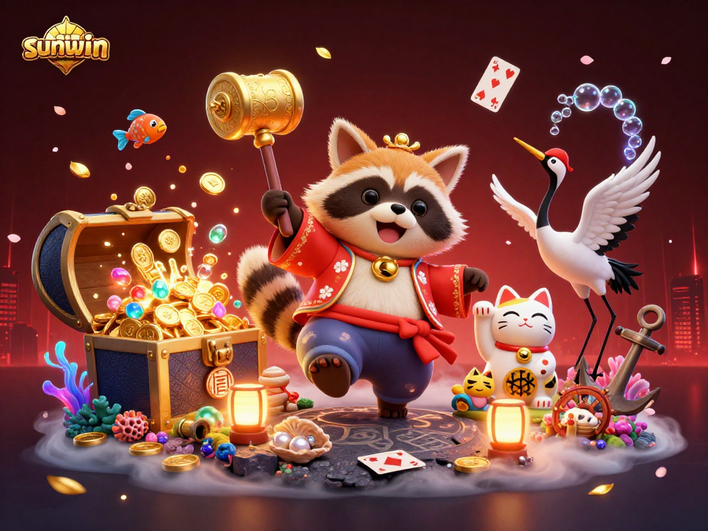 Experience a winning vibe with sunwin's vibrant casino scene, featuring festive tanuki and lucky treasures.