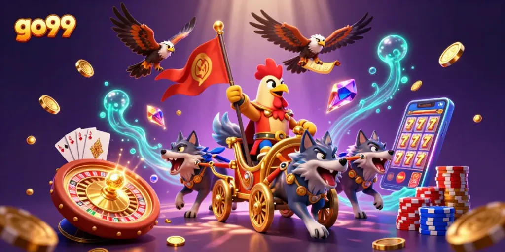 Experience the excitement of go99 with a 3D scene featuring a rooster warlord and gaming elements.
