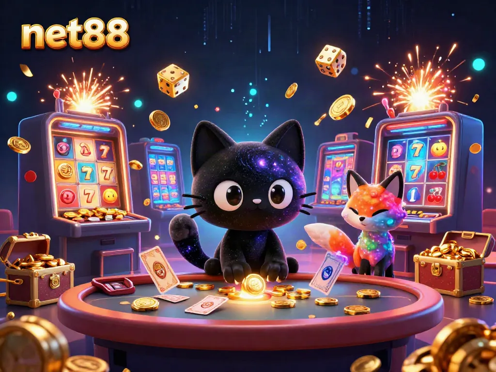 Engage with net88 in a vibrant cosmic casino scene filled with colorful characters and thrilling game elements.