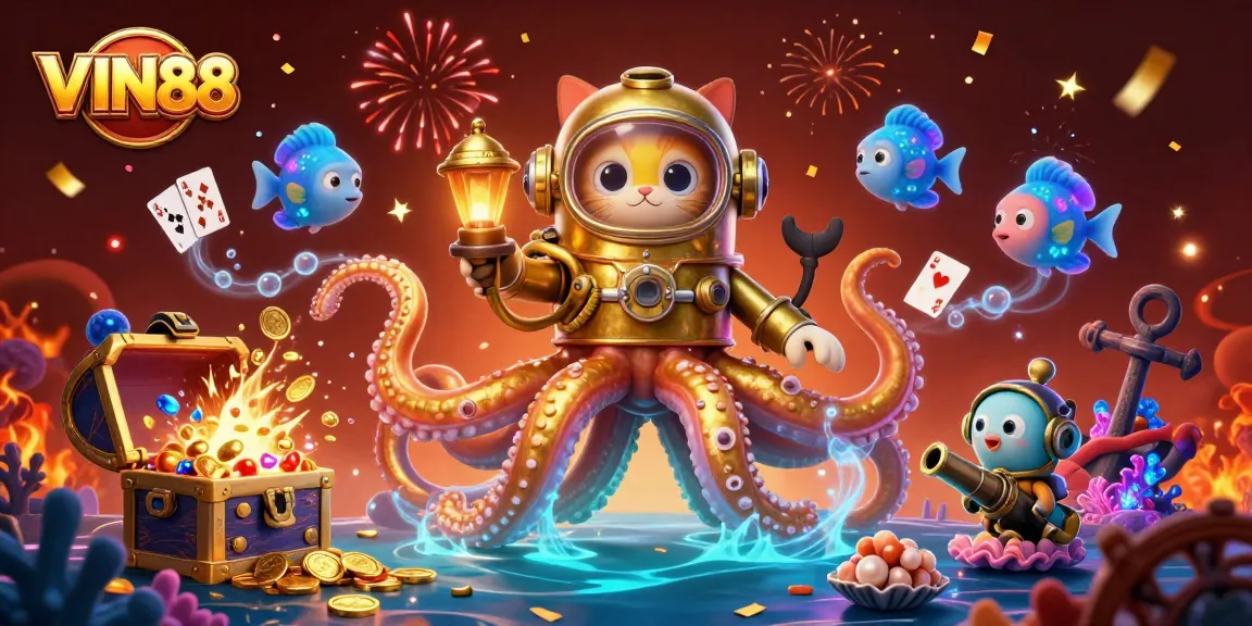 Play exciting games at VIN88 with a vibrant underwater scene featuring a golden kraken and treasure.