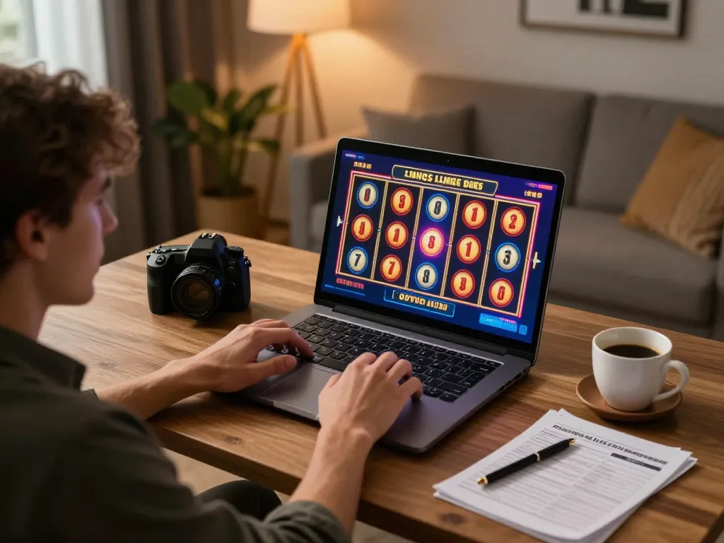 Player enjoying online slots at home, RR88 gaming setup with vibrant visuals.