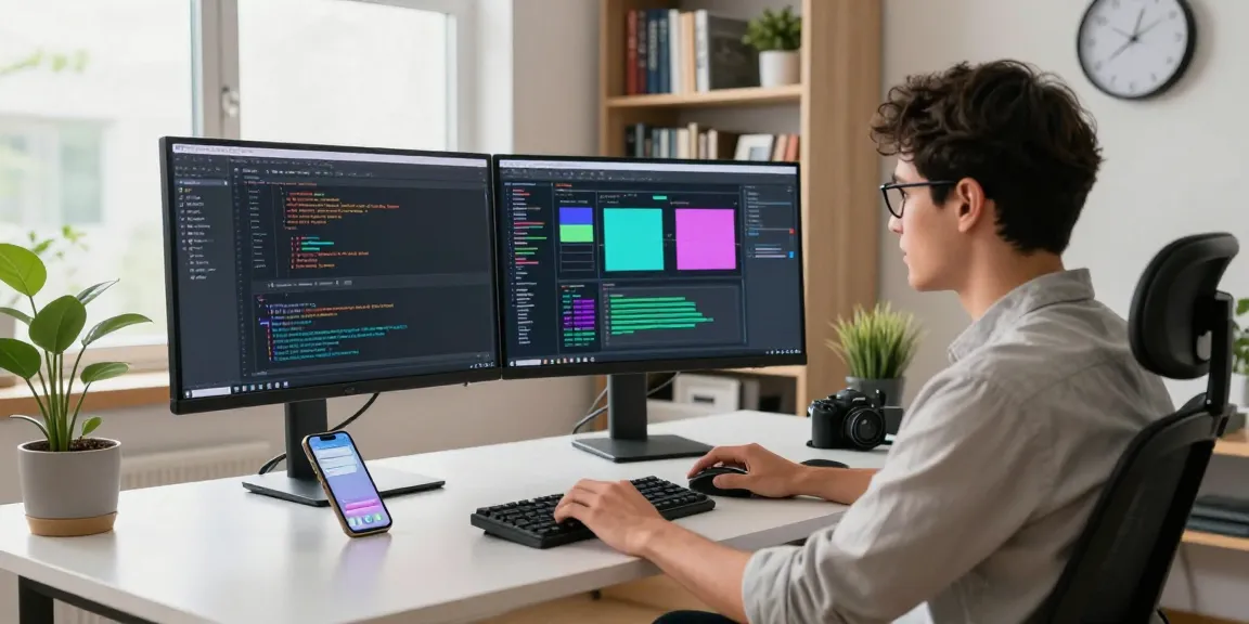 Download Telegram in a modern tech workspace featuring a developer coding on dual monitors.
