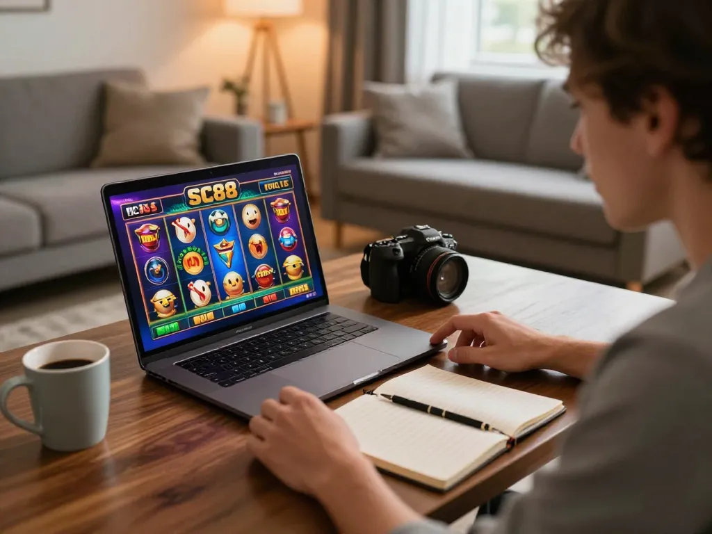 Player engaging with SC88's online slots in a cozy setting, showcasing strategic gameplay and enjoyable environment.