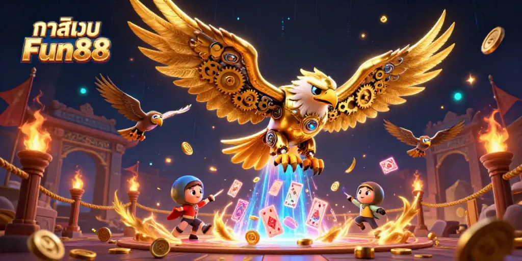 Experience thrilling casino action with คาสิโน Fun88 in a vibrant, dynamic 3D scene featuring a cybernetic golden eagle.