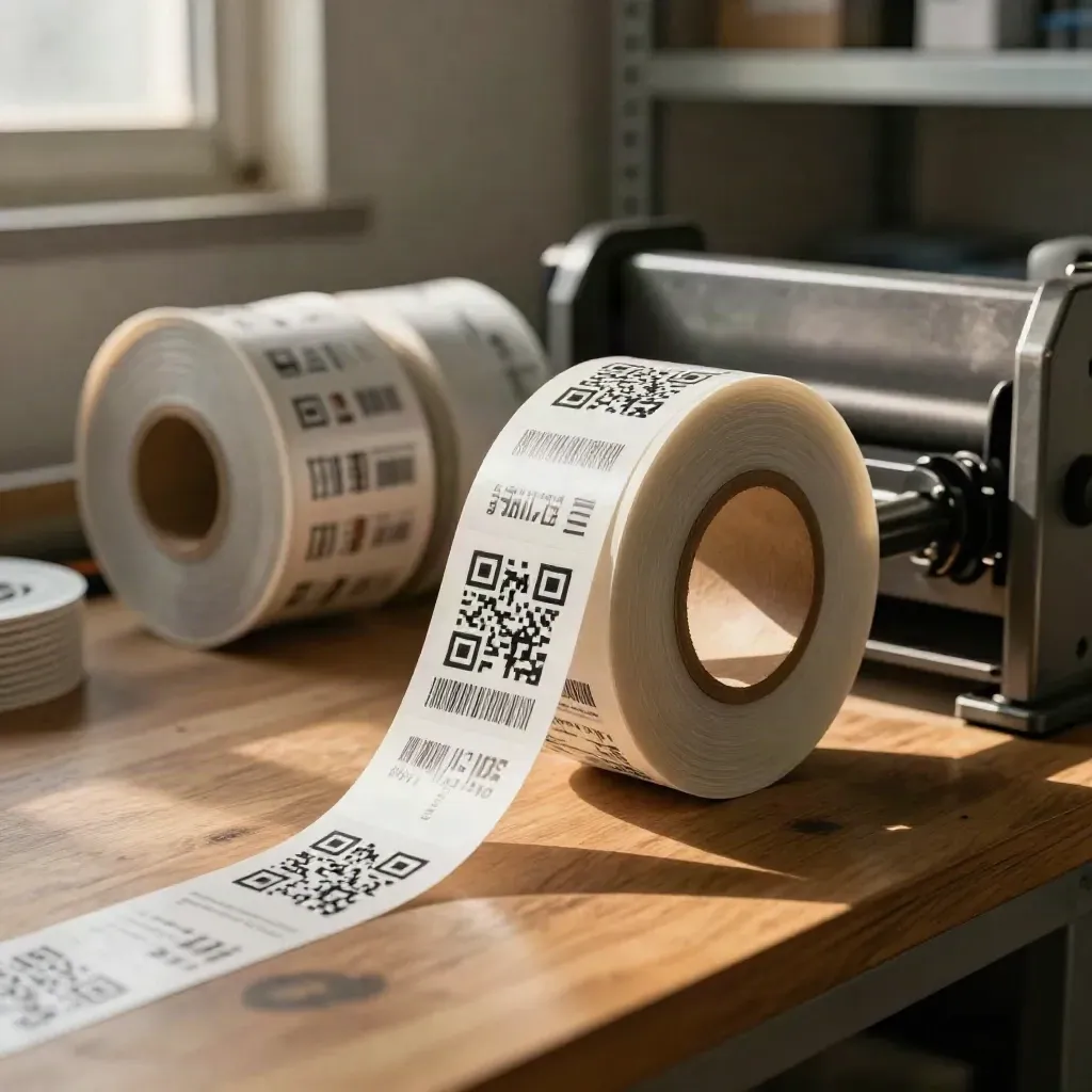 Rolka QR štítků a čárových kódů vedle cívek kabelů v průmyslovém skladu.