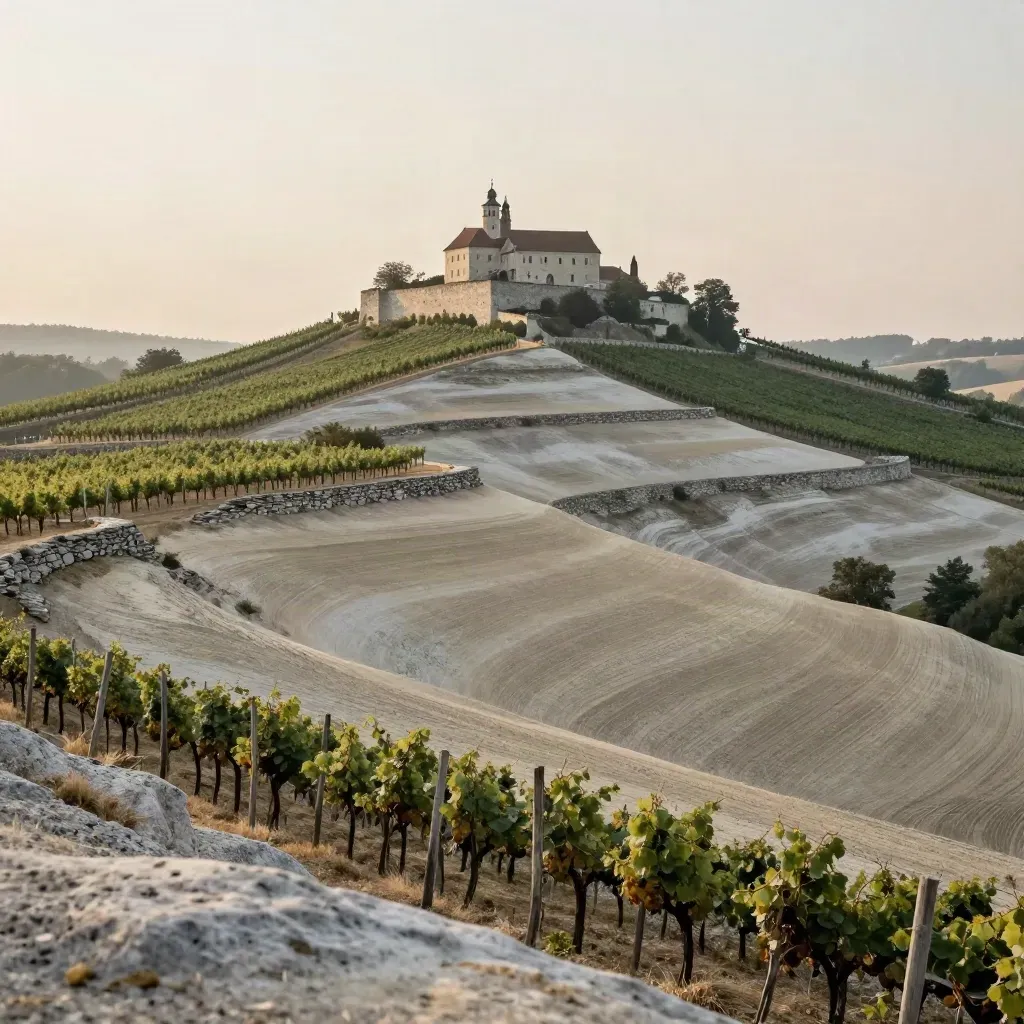 Mikulovský zámek nad vinicemi v ranní mlze, světlé vápencové svahy a klidná krajina.