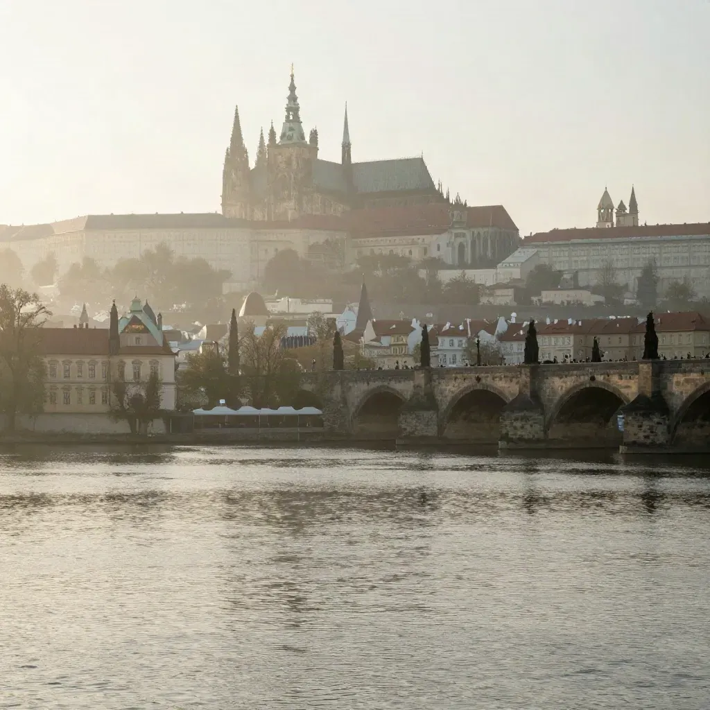 Pražský hrad nad Vltavou v ranní mlze, široký klidný pohled
