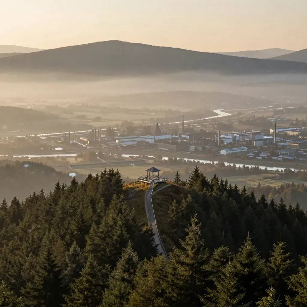 Beskydy nad průmyslovým údolím, řeka v mlze, krajina pro nadpis.