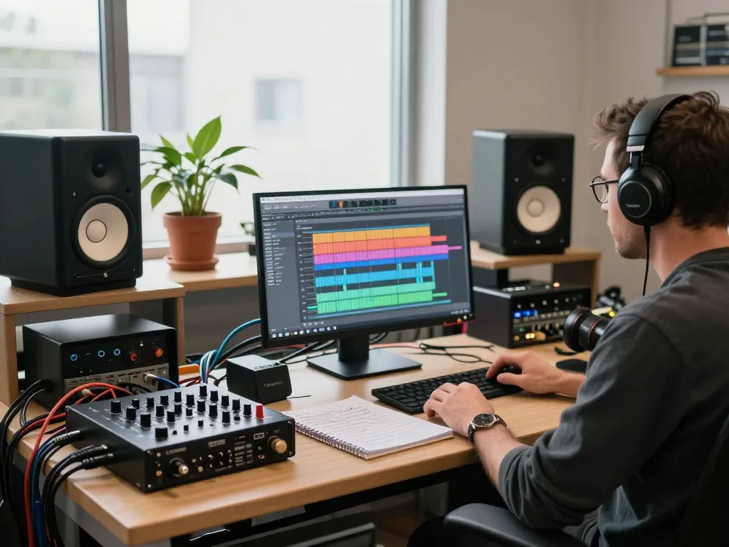 Audio engineer working on the DA88 multitrack recorder in a bright studio.