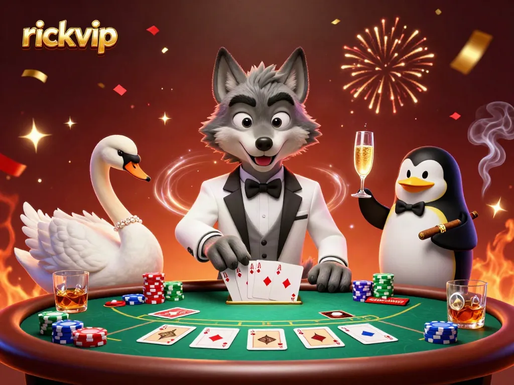 Experience the thrilling ambiance of rickvip with a debonair wolf, elegant swan, and sophisticated penguin at the baccarat table.