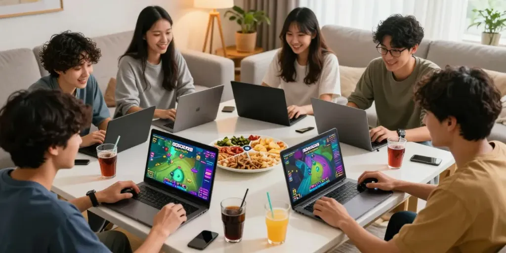 Engaged friends enjoying ROKOK88 Game Offline in a cozy setting.