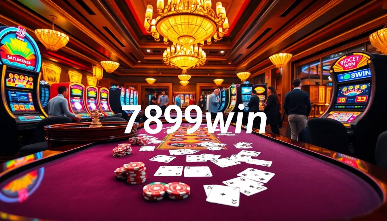 Players enjoying games at the luxurious 789win casino, featuring poker tables, slot machines, and roulette wheels.