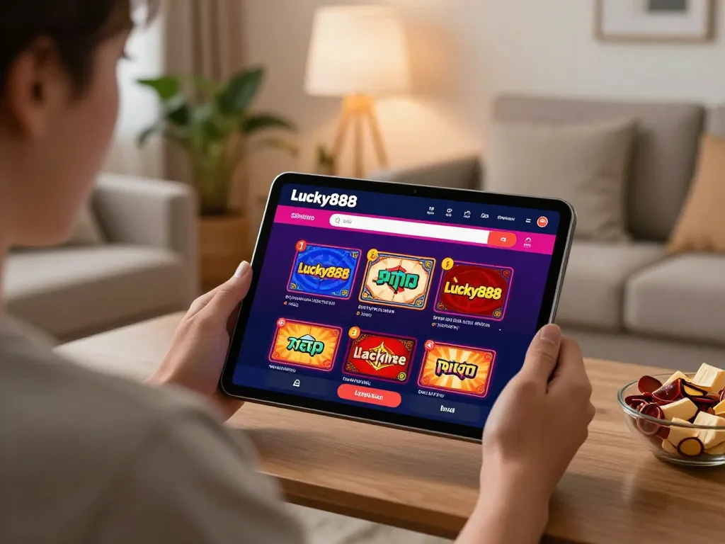Engaging gameplay with lucky888 app on tablet in a cozy home setting, showcasing responsible gaming.