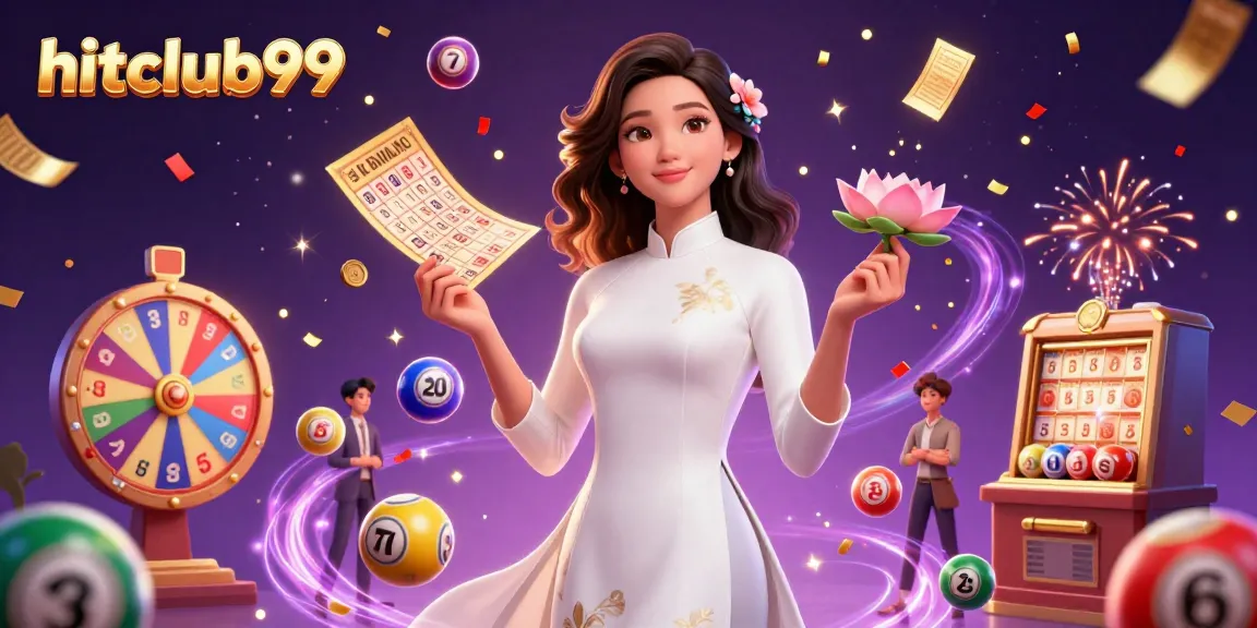 Engage with hitclub99's exciting lottery scene featuring vibrant elements and a graceful character.