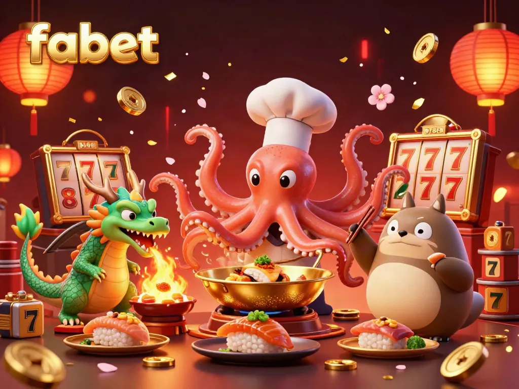 Experience the thrill of fabet with a vibrant octopus chef and dragon in a festive online casino environment, showcasing golden dishes and game elements.