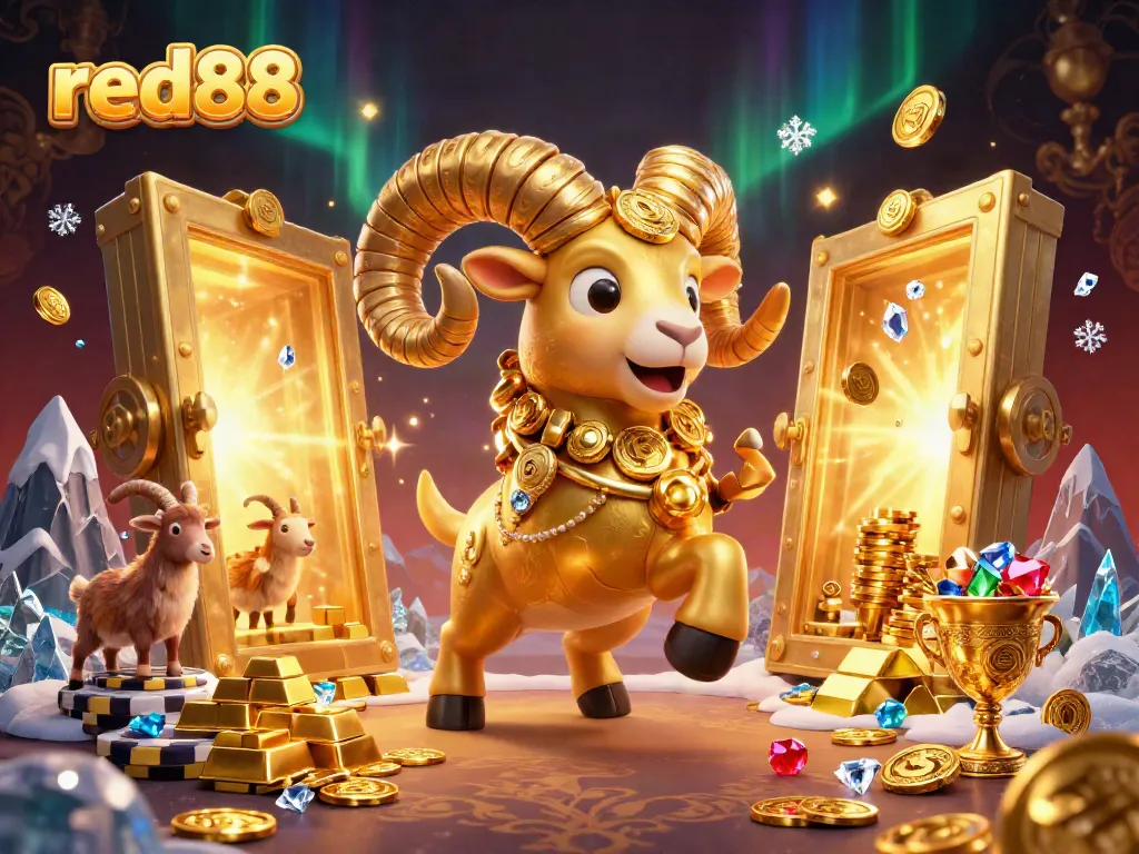 Experience excitement at red88 with a golden ram charging through a treasure-filled casino environment.