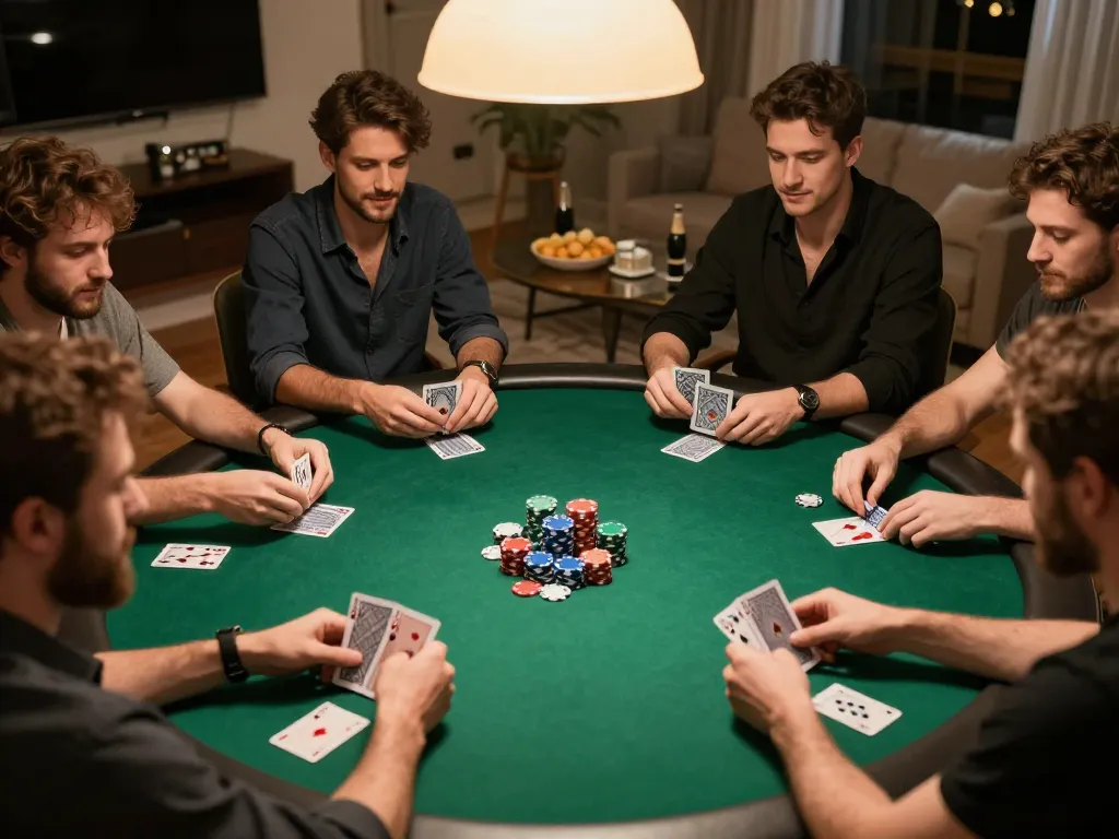 Enjoying a thrilling poker night with friends at home, featuring strategic gameplay with kkwin.